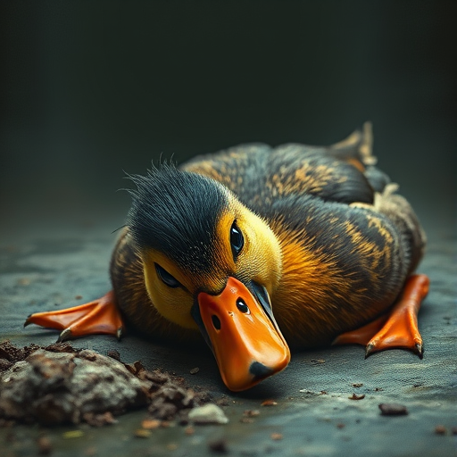 Stunning image of a cute adorable tired looking wacky duck laying flat on the ground, no emotions, moody, grainy, noisy, concept art, by Alberto Seveso, Cyril Rolando, Dan Mumford, Meaningful Visual Art, Detailed Painting, Digital Illustration,