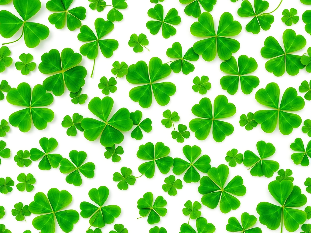 Generate a seamless pattern of various green clovers on a white background, using a high-resolution digital camera with a 50mm lens, aperture set to f/8, ISO 100, top-down view, and soft diffused lighting to enhance color vibrancy.