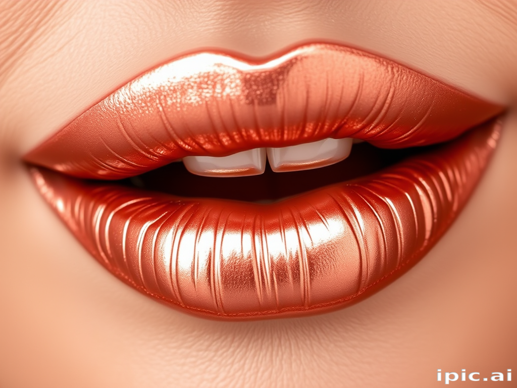 Shimmering rose gold liquid metal lips, named "Gilded Petals," offering intense metallic shine and comfortable wear, ideal for glamorous and sophisticated evening looks