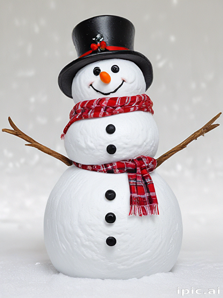 Cheerful Snowman with a Black Hat and Red Scarf Smiling Joyfully
