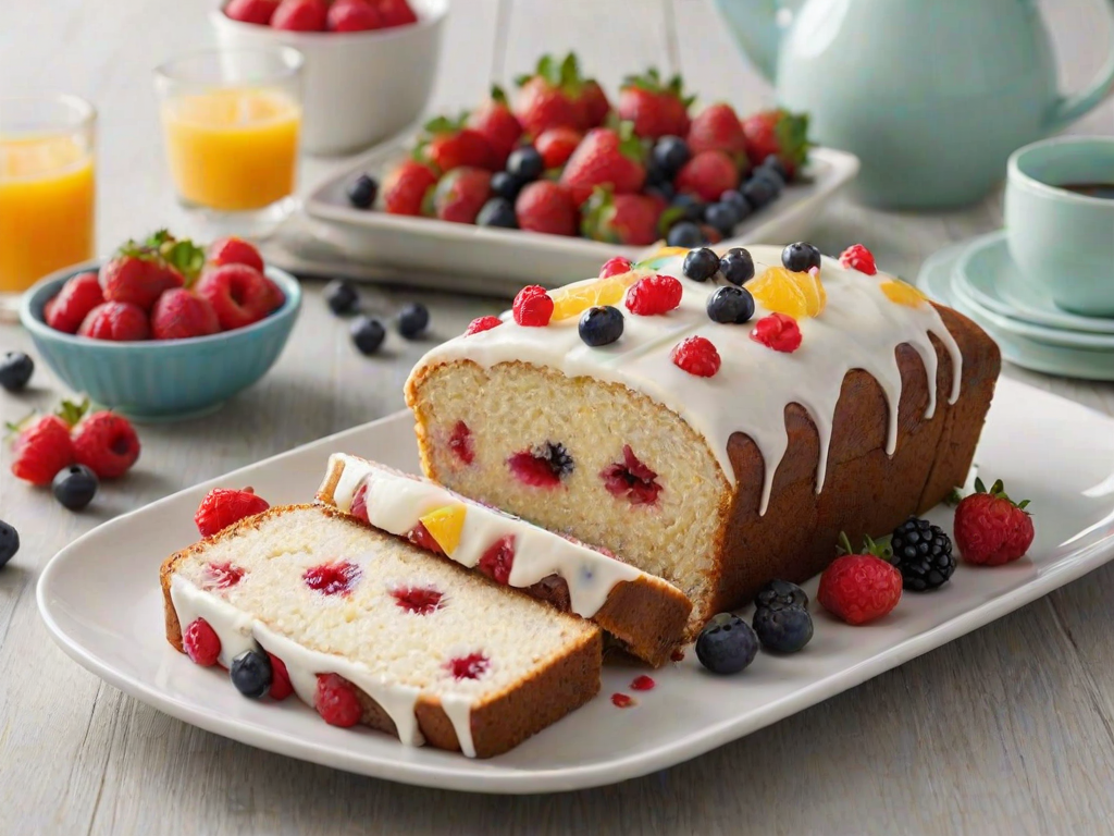 Create an image of a sliced loaf cake with a smooth icing on top. The cake should have a vibrant fruit filling in the center, visible in the slices. Arrange the slices neatly on a rectangular white plate, garnished with fresh berries and citrus slices in the background for a colorful presentation. Make sure the setting is bright and inviting, highlighting the texture and details of the cake.