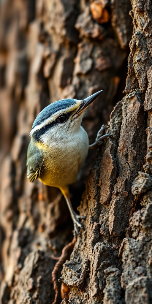 Regenerate a close-up image of a nuthatch bird perched on a rough tree trunk, captured with a Canon EOS R5, 85mm f/1.4 lens, aperture set to f/2.8, ISO 400, shutter speed 1/200s, natural lighting to enhance detail and texture.