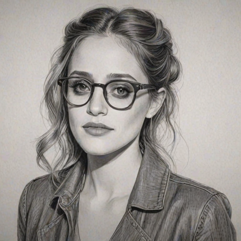 Gorgeous Carly Chaikin, pencil sketch, portrait of Delightful woman 1924s in glasses, hair style beatnik, outline, clear lines, fine lines, 8k