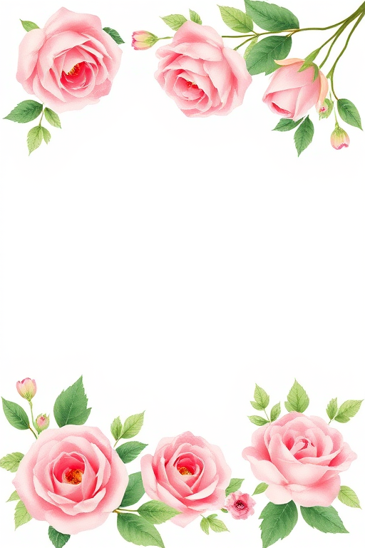 create a watercolor floral border with soft pink roses and greenery on the top and bottom edges of a white background using a Canon EOS R5 with f/4 aperture, 50mm lens, shot from a straight-on view in natural light for enhanced detail and color vibrancy