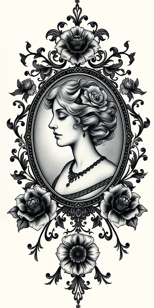 Gothic Victorian tattoo featuring an intricate cameo portrait surrounded by ornate filigree and dark floral elements, rendered in a monochromatic palette with subtle gray shading