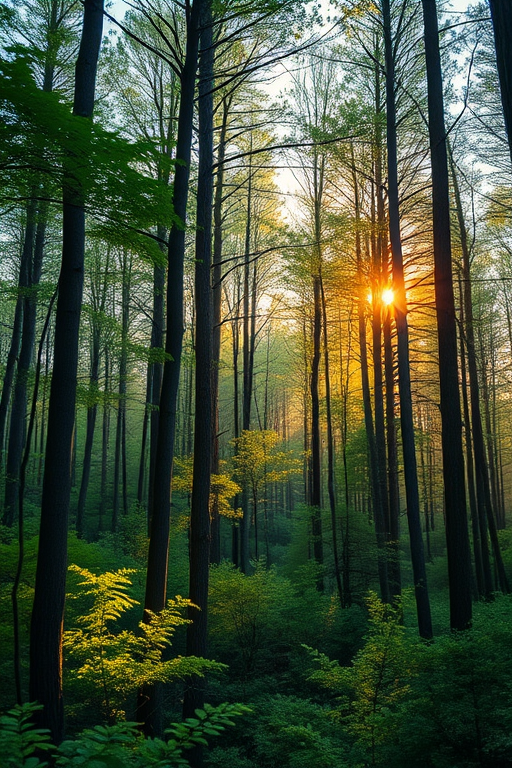 Create a high-resolution image of a tranquil forest scene during golden hour, soft natural lighting, vibrant green foliage, camera settings: f/2.8 aperture, ISO 100, shutter speed 1/200s, camera view: wide-angle, camera style: landscape photography, camera type: DSLR.
