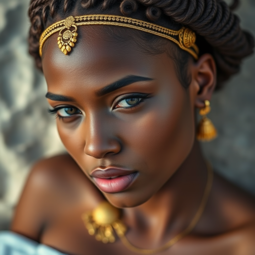 Portrait of a woman with intricate hairstyles adorned with gold accessories lying on sandy beach, close-up shot, natural light, f/2.8 aperture, ISO 100, 50mm lens, DSLR style photography.