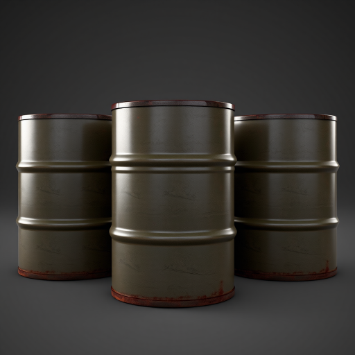 Generate a high-quality 3D render of four oil barrels with realistic textures and lighting, use a 50mm lens, aperture f/8, ISO 100, shot from a slightly elevated angle, using a DSLR camera with HDR imaging.