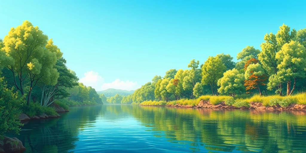 Generate a detailed illustration of a serene landscape with a calm river surrounded by lush trees under a clear blue sky, taken with a DSLR camera at f/8 aperture, 1/250 shutter speed, ISO 100, using a wide-angle lens from a low angle to capture depth and clarity.