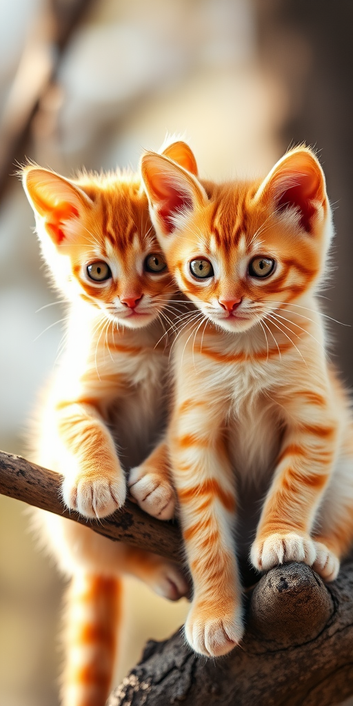 Create a high-resolution artistic portrait of two orange kittens with vivid yellow eyes sitting on a branch, captured with a 50mm lens at f/1.8, ISO 200, 1/250s, using a shallow depth of field to enhance the softness of the background and emphasizing the kittens' features in natural light.