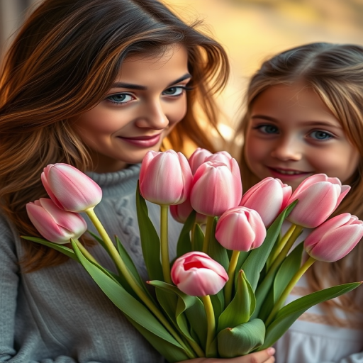Portrait of a woman and a young girl holding pink tulips, soft natural lighting, shallow depth of field, 50mm lens, f/1.8 aperture, ISO 100, Canon EOS R5, soft focus background, warm color tones.