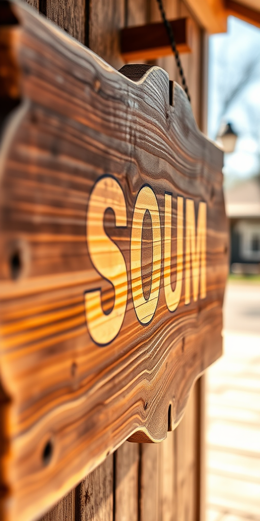 Create a high-resolution image of a rustic wooden sign with a textured surface, captured in natural light, using a DSLR camera with a 50mm lens at f/1.8, ISO 100, and a shallow depth of field to blur the background, ensuring a warm color tone and high clarity.