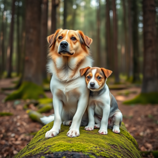 A close-up shot of a mature dog and a puppy sitting on a moss-covered tree trunk in a forest, with soft natural lighting, camera settings: f/2.8 aperture, ISO 200, shutter speed 1/500s, panoramic view, DSLR camera, high-resolution image quality.