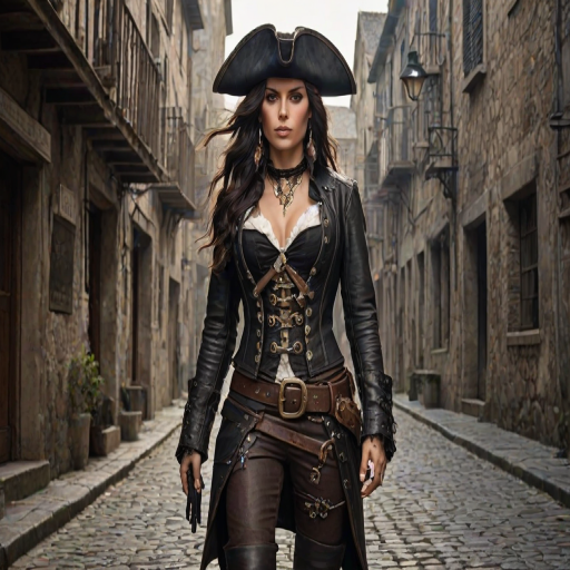 Create a portrait of a fierce female pirate. She wears a leather tricorn hat adorned with a skull and crossbones emblem, and her long, dark hair flows around her face. Her outfit consists of a richly detailed leather jacket, a corset, and multiple layers of belts and accessories, giving her a formidable and stylish appearance. She stands confidently in a dimly lit, historic port town, with a backdrop of weathered buildings and cobblestone streets, capturing the adventurous spirit of a pirate.