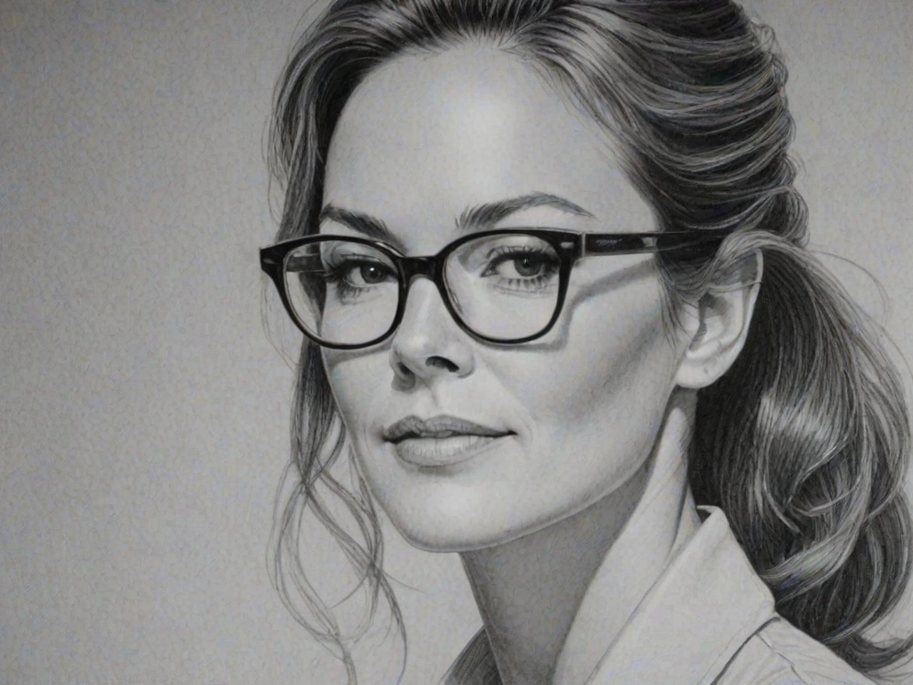 Gorgeous Diane Lane, pencil sketch, portrait of Fascinating woman 1964s in glasses, hair style beatnik, outline, clear lines, fine lines, 8k