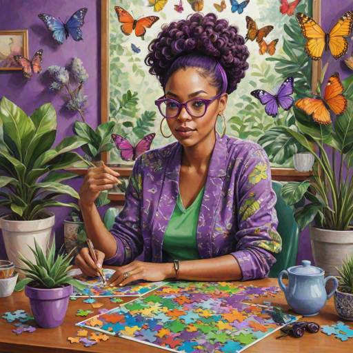 A vibrant and whimsical illustration of an african american woman sitting at a table working on a colorful jigsaw puzzle. she is wearing round glasses, and patterned clothing in shades of purple and green.  The background features an eclectic collection of framed butterflies, potted plants, and other natural elements, creating a warm and inviting atmosphere. The style is playful and modern, with rich textures, intricate details, and a lively color palette.