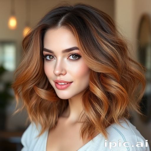 Alluring caramel-haired temptress with a voluminous, bouncy blowout featuring soft layers and face-framing highlights