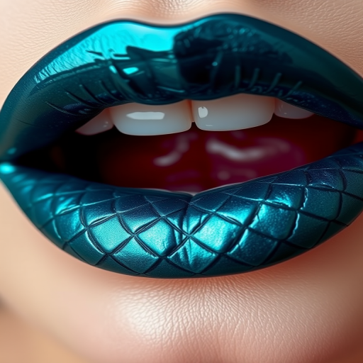 Deep teal lips with "Mermaid's Tail" style, featuring a glossy finish and iridescent scales-like pattern, creating a mesmerizing and mythical appearance