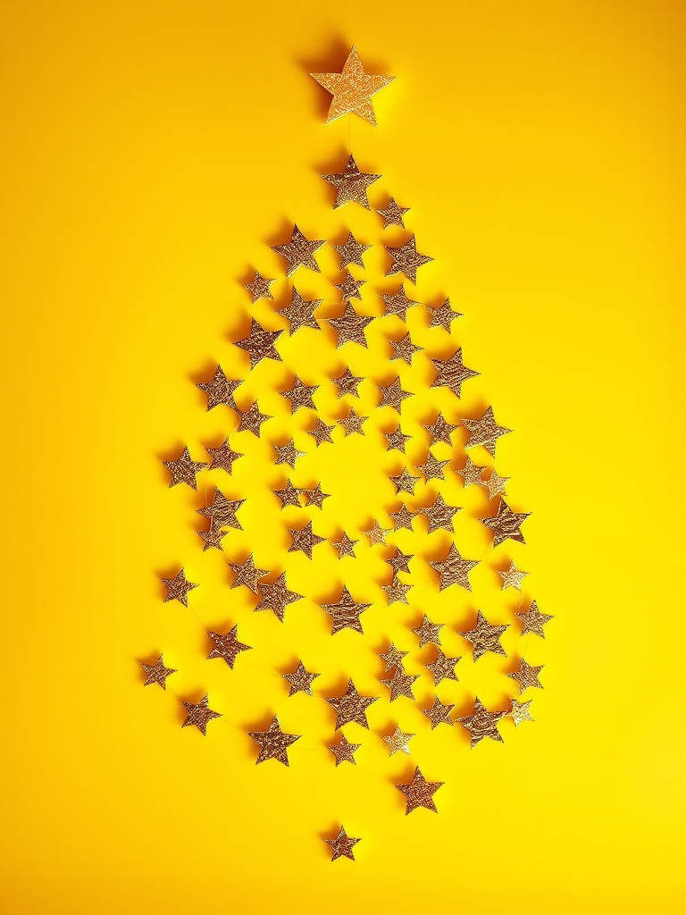 Create a Christmas tree design with a spiral of golden stars on a bright yellow background, captured with a DSLR camera, f/2.8 aperture, ISO 100, 50mm lens, shot from a top-down view in high dynamic range style.