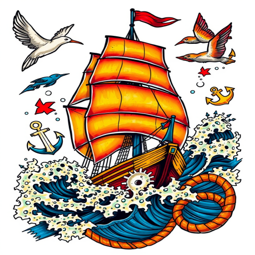Bold traditional American tattoo style piece called "Sailor's Destiny" showcasing a vibrant full-color sailing ship battling stormy seas surrounded by classic nautical elements such as anchors swallows and rope thick black outlines and saturated primary colors pay homage to vintage tattoo artistry while incorporating modern techniques for enhanced depth and detail