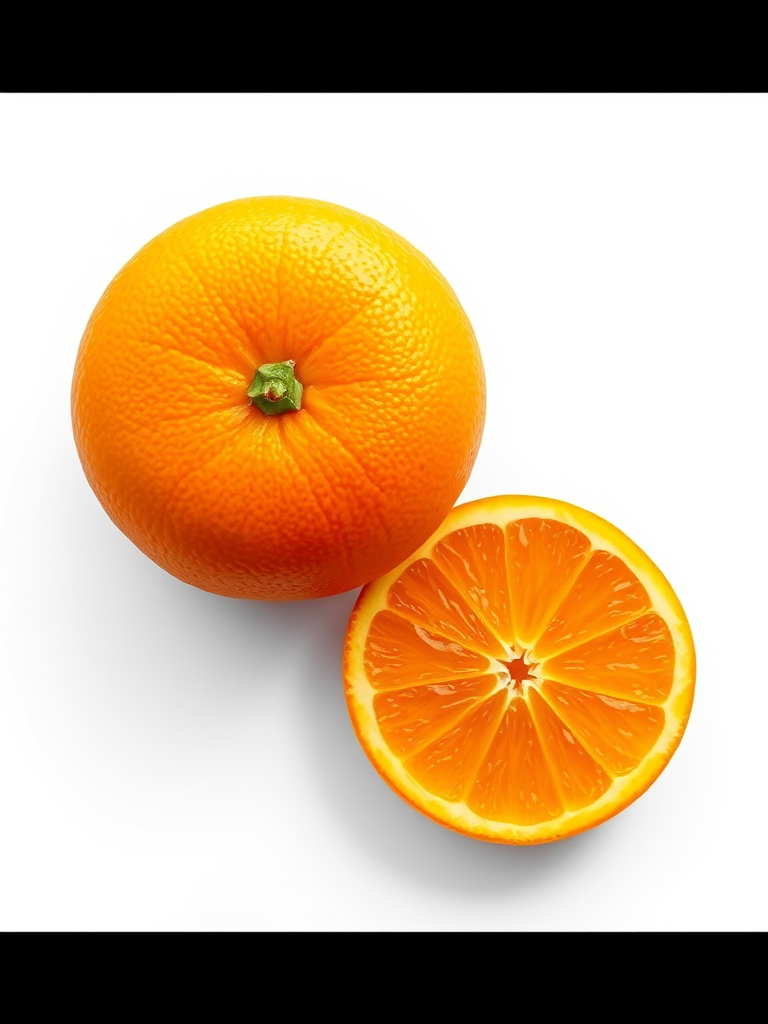 Create a digital illustration of an orange and a sliced orange, with vibrant colors and detailed textures, captured using a DSLR camera with a 50mm lens, aperture f/2.8, ISO 100, top-down view, realistic lighting to enhance freshness.