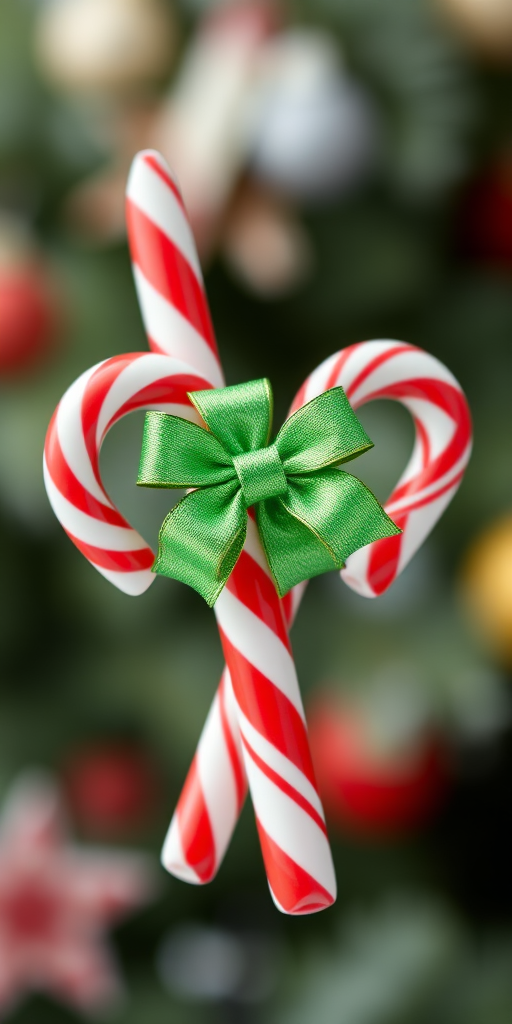 Generate a high-resolution image of two crossed candy canes with a green bow in the center, using a wide-angle lens at f/4 to create a sharp focus on the details, ISO 100 for clarity, and natural lighting to enhance colors.
