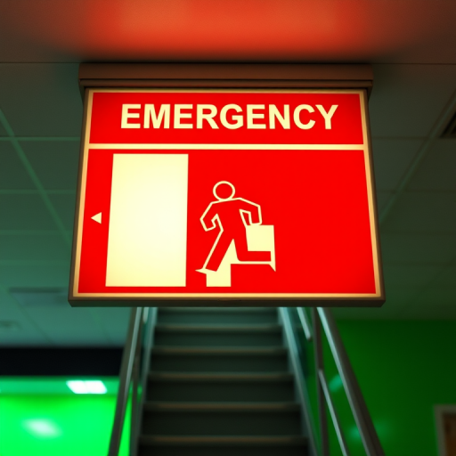 Create a high-resolution emergency exit sign featuring a running figure, with a staircase leading upwards, using a DSLR camera set at f/5.6, ISO 100, 1/200 sec, in a well-lit environment with a slight overhead view and vibrant green background.