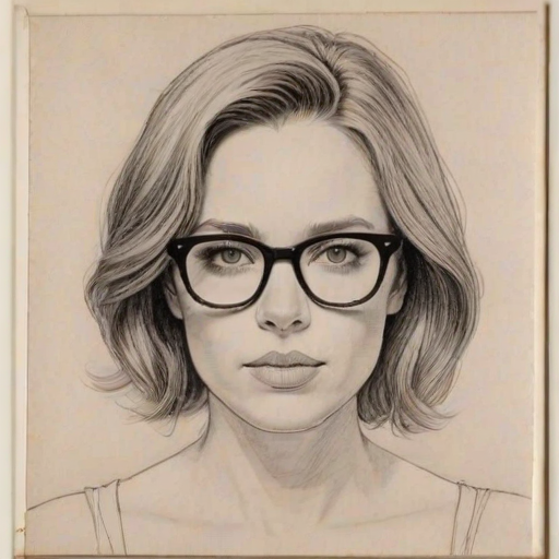 Delightful Ashley Williams, pencil sketch, portrait of Captivating woman 1972s in glasses, hair style beatnik, outline, clear lines, fine lines, 8k