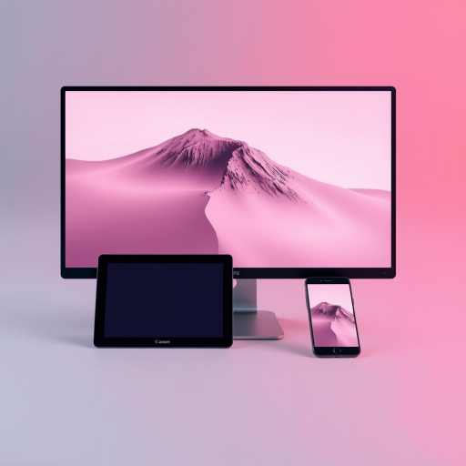 Create a high-resolution image of a desktop monitor, tablet, and smartphone arranged on a soft gradient background, using a Canon EOS R5 with a 24-70mm f/2.8 lens, aperture set to f/8, ISO 100, and a shallow depth of field for enhanced clarity and detail.