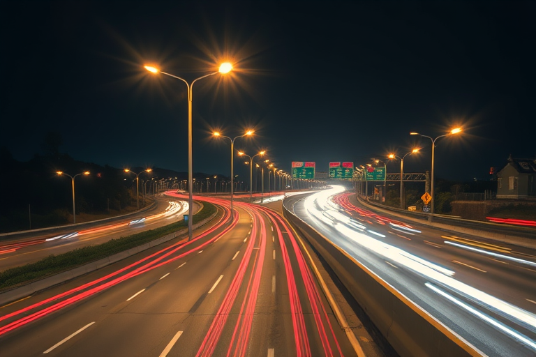 Long exposure shot of light trails on a busy highway at night, f/8, ISO 100, 15 seconds exposure, 24mm lens, DSLR camera, low angle view for depth and dynamic movement.