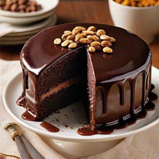 Create a rich and decadent chocolate cake with multiple layers, each filled with smooth chocolate ganache and topped with a glossy chocolate glaze. Add a sprinkle of crunchy nuts or chocolate pieces on top for texture. The setting should be warm and inviting, with soft lighting to enhance the cake's luxurious appearance.
