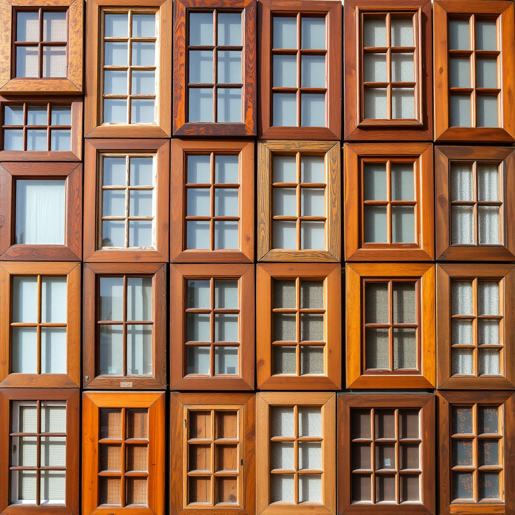 Create a high-resolution image of a collage of wooden window frames with varied designs and grid patterns, using a DSLR camera at f/8, ISO 100, 50mm lens, captured from a straight-on view with soft natural lighting for enhanced detail and texture.