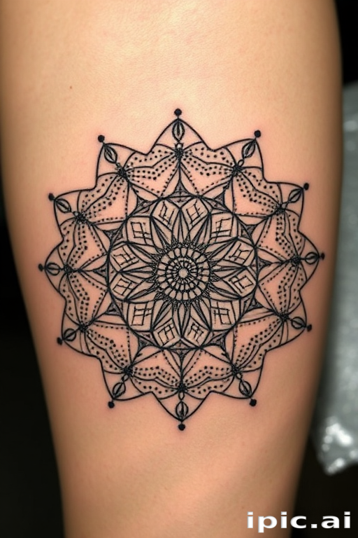 Dotwork mandala tattoo named "Cosmic Harmony" featuring an intricately detailed circular design composed of thousands of tiny dots radiating outward from a central point creating mesmerizing patterns and sacred geometry motifs with gradual fading effects and negative space incorporated to enhance the overall depth and dimension of the piece