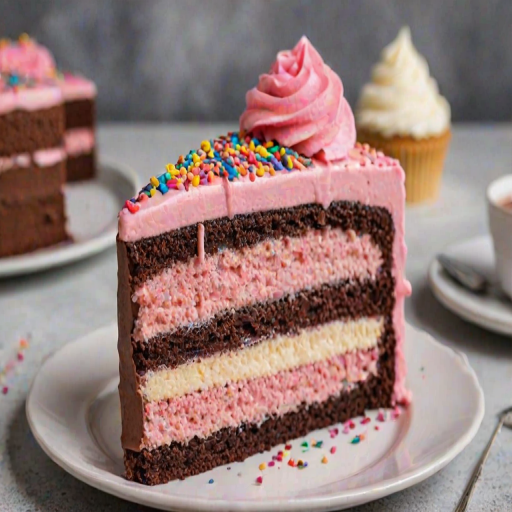 Create an image of a slice of cake with layers of chocolate and pink frosting. The cake should have a whimsical design, featuring a small ice cream cone on top, decorated with colorful sprinkles. The background should be a bright, cheerful color that complements the cake.
