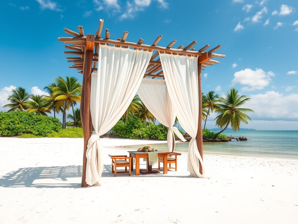 Create a picturesque tropical beach scene featuring a serene, white sandy shore. In the foreground, there's a rustic wooden canopy with white drapes gently flowing in the breeze. Underneath the canopy, a table is set with tropical decor, evoking a sense of relaxation and leisure. The beach extends into a calm, shallow water area with reflections of the sky and surroundings. Palm trees and lush greenery line the edge of the beach, providing a natural, tropical backdrop. The sky is clear with a few scattered clouds, and the overall atmosphere is tranquil and inviting, perfect for a peaceful retreat.