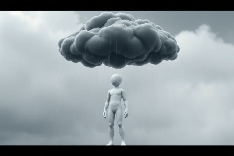 Create a 3D rendering of a white humanoid figure standing under a black cloud with rain, using a DSLR camera, aperture f/2.8, ISO 200, focal length 50mm, overcast lighting, with a shallow depth of field to emphasize the figure and cloud.