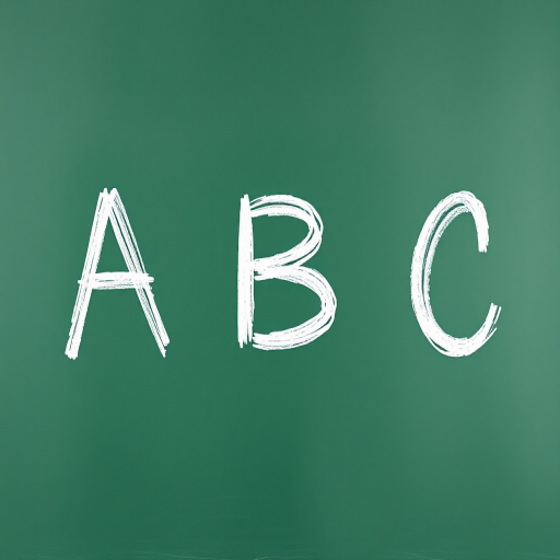 A green chalkboard with the letters A, B, and C written in white chalk, captured with a DSLR camera, 50mm lens, f/2.8 aperture, ISO 100, shot from a straight-on view for a clear and focused image.