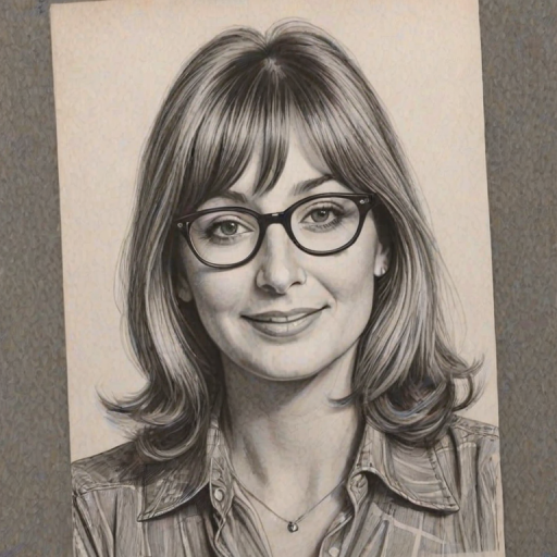 Stunning Penny Marshall, pencil sketch, portrait of Attractive woman 1971s in glasses, hair style beatnik, outline, clear lines, fine lines, 8k
