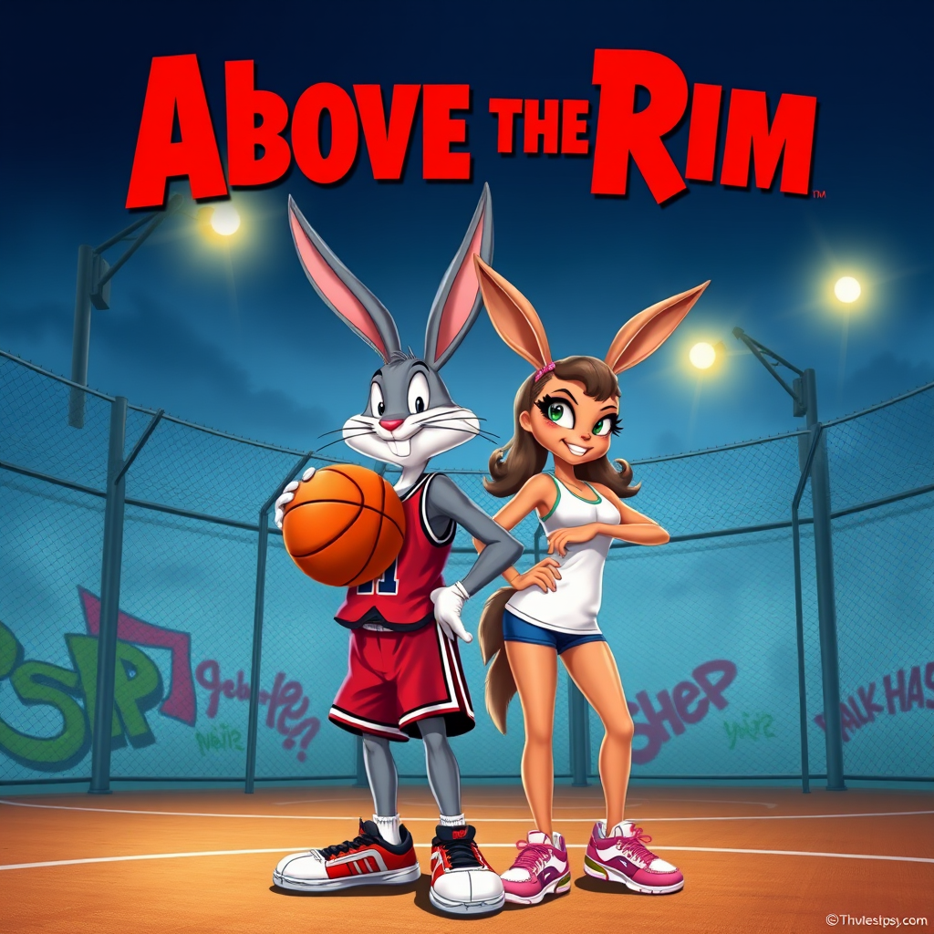 Design an Above the Rim poster featuring Bugs Bunny as Kyle and Lola Bunny as Shep. Bugs is dressed in a basketball jersey and shorts, holding a basketball with a confident expression, while Lola stands beside him in athletic gear, looking determined. The background features an urban basketball court with a wire fence, streetlights, and graffiti. The title "Above the Rim" appears in bold red letters at the top, keeping the original street basketball vibe