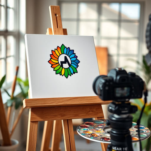 Create an image of an artist's easel with a colorful logo on the canvas, a painter's palette with vibrant colors beside it, captured with a DSLR camera at f/2.8, 50mm lens, shot in natural light, with a shallow depth of field to enhance image clarity.