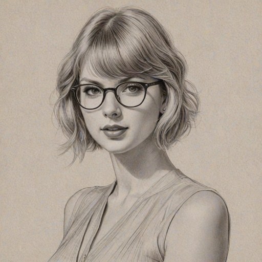Splendid Taylor Swift, pencil sketch, portrait of Fetching woman 1928s in glasses, hair style beatnik, outline, clear lines, fine lines, 8k