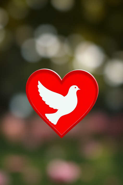 Create a vibrant red heart with a white dove silhouette in the center, captured with a DSLR camera at f/2.8, ISO 100, 50mm lens, soft focus background to enhance the foreground elements.
