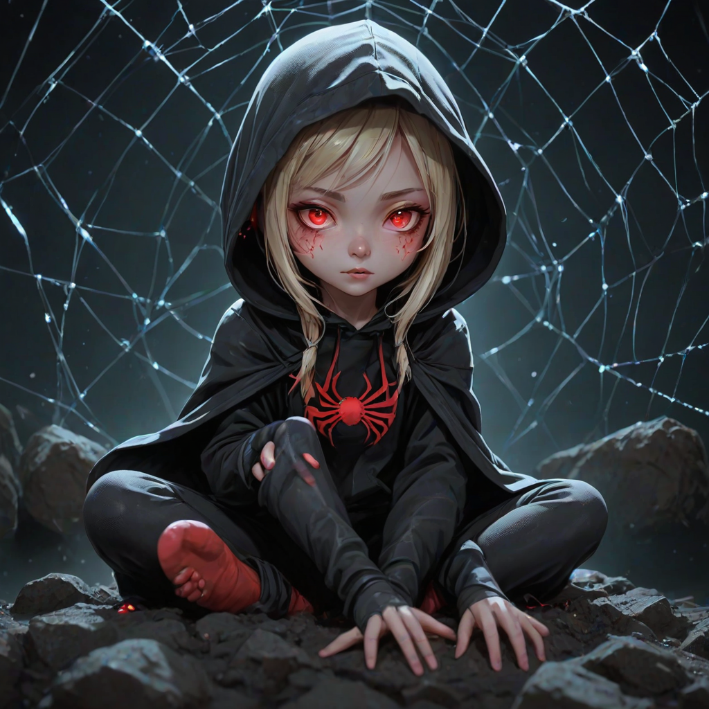 score_9, score_8_up, score_7_up,a woman with red eyes in a hood,a young woman,vinyl boots,dark background; liquid, particles, night, dark, glowing bioluminescence,zhibi, chibi, animal spider, small spider, chibi spider, cute happy spider, sitting in a spiderweb,transitioning into a vibrant,but it seems long abandoned. The overall atmosphere is heavy with suspense,Cinematography,hardware,blonde long hair,Dismissal at will, <lora:add-detail-xl:0.85>