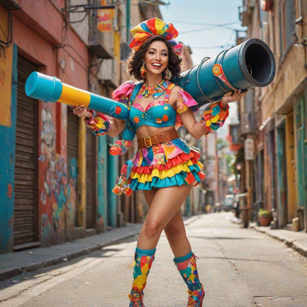 A playful woman holds a bazooka with a mischievous grin, her pose exaggerated and cartoonish. She’s dressed in a colorful, quirky outfit with oversized accessories, giving her a whimsical and fun appearance. The bazooka, although large, is designed in a cute, almost toy-like style, adding to the humorous and lighthearted vibe of the scene. The background is bright and cheerful, enhancing the overall playful atmosphere.
We share ALL our prompts in the Bing Image Prompts group: