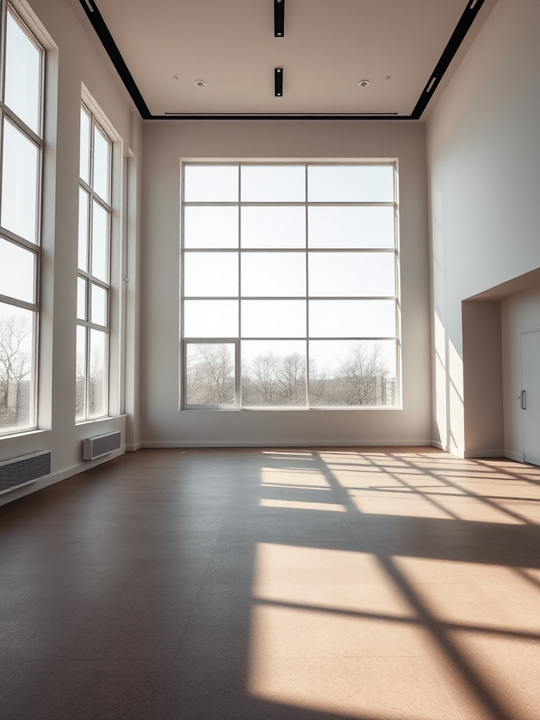 interior of a modern empty room with large windows allowing natural light, minimalist design, high contrast shadows, wide-angle lens, f/8 aperture, ISO 100, 1/125s exposure, daylight setting, HDR style, taken with a full-frame DSLR camera