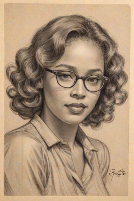 Radiant Rachel True, pencil sketch, portrait of Delightful woman 1930s in glasses, hair style beatnik, outline, clear lines, fine lines, 8k