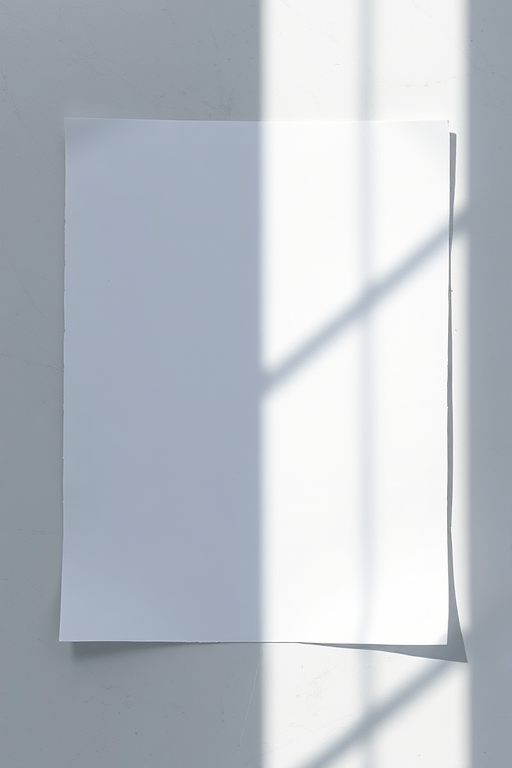 Create a high-resolution image of a blank sheet of paper with light reflections, using a DSLR camera at f/2.8, ISO 100, with a 50mm lens, shot from a top-down angle to enhance clarity and details.