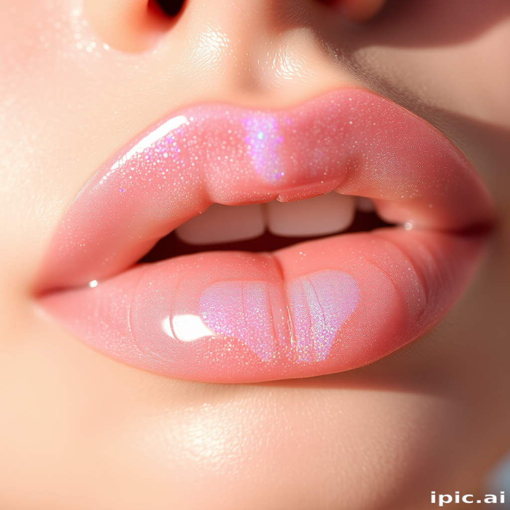Sheer glossy lips in "Crystal Dew" style, featuring a clear base with iridescent pearl pigments that catch the light, creating a ethereal and dewy appearance
