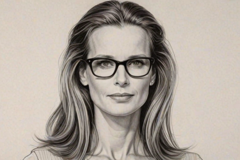 Delightful Rachel Griffiths, pencil sketch, portrait of Stunning woman 1973s in glasses, hair style beatnik, outline, clear lines, fine lines, 8k