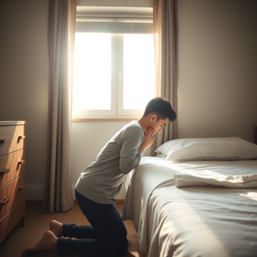 Create a high-contrast image of a young man kneeling beside a bed with his hands clasped in prayer, soft sunlight streaming through a window, shot with a Canon EOS R, 50mm lens, f/1.8 aperture, ISO 100, 1/200s shutter speed, side view, natural light photography for a warm, serene vibe.